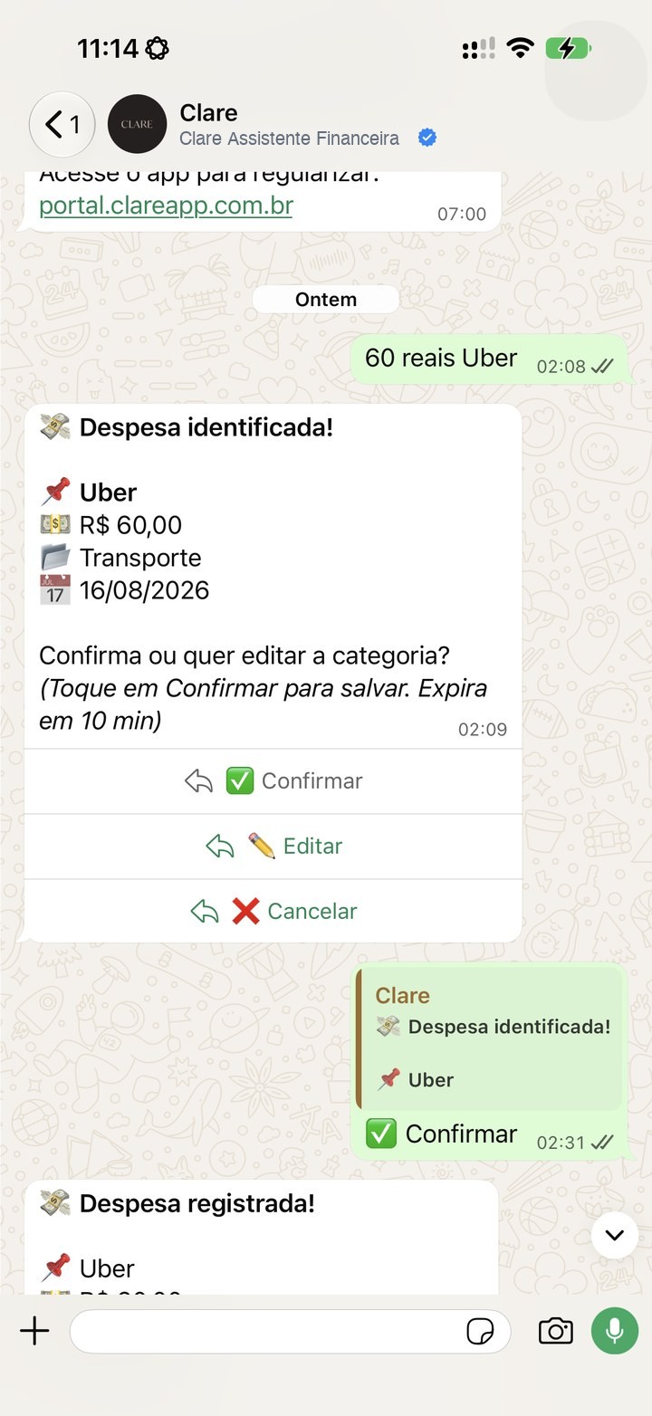 IA registrando uma despesa no WhatsApp